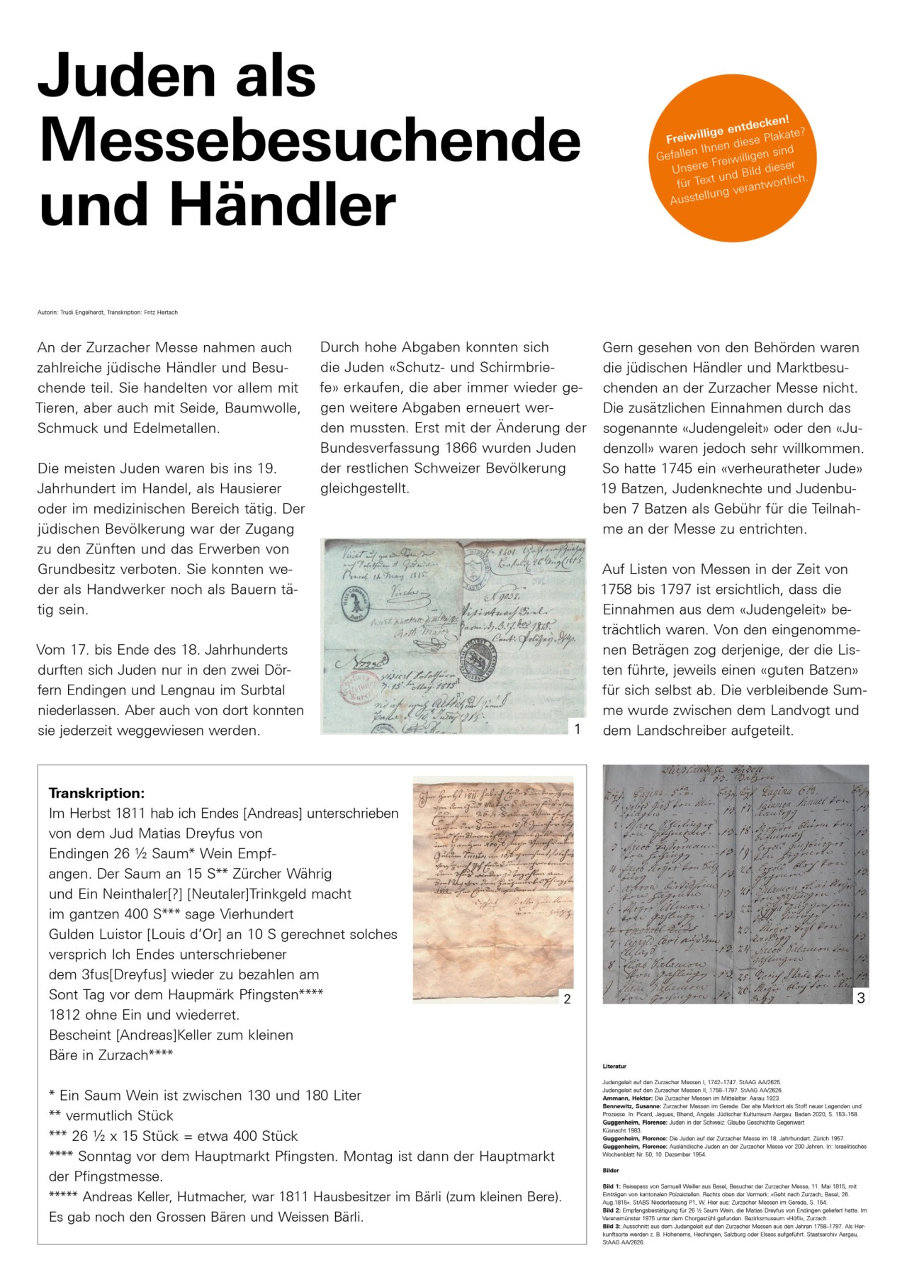 Plakat zu jüdischen Messebesuchenden der Zurzacher Messe mit Texten und Bildern.