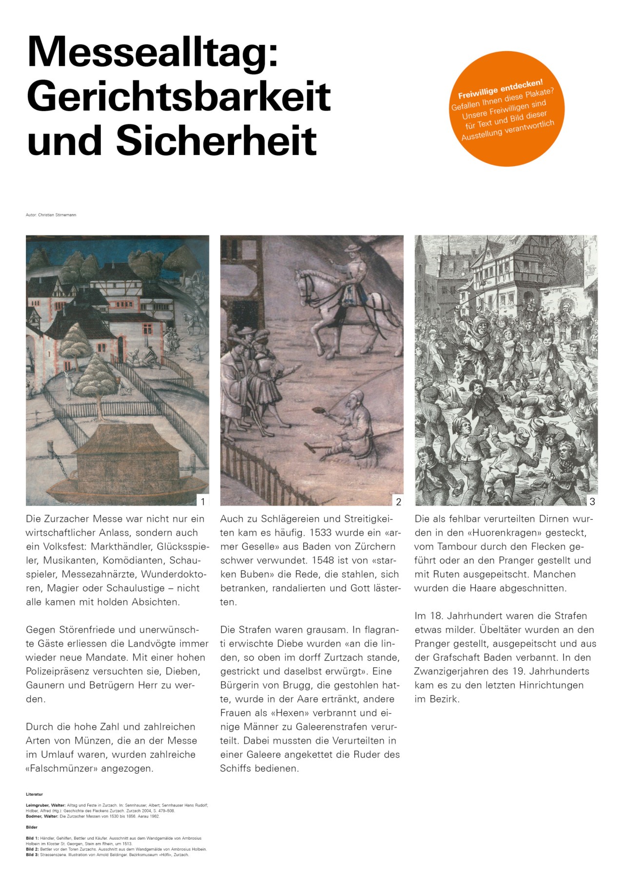 Plakat zur Gerichtsbarkeit und Sicherheit an der Zurzacher Messe mit Texten und Bildern.
