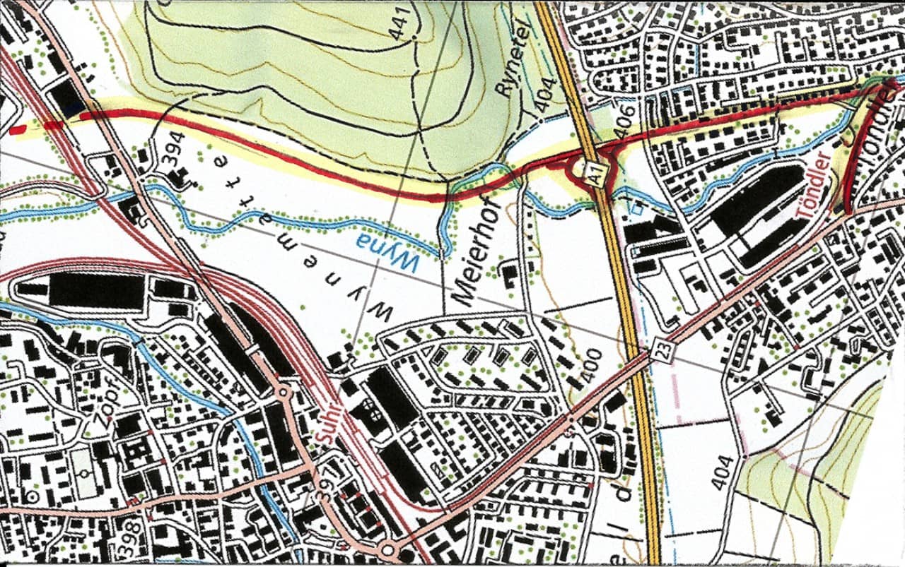 Plan der geplanten Kreuzung der Neuen Wynentalstrasse mit der Nationalstrasse; Brücke N1-218 mit Anschlusswerk, Stand heute
