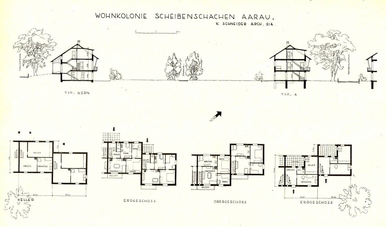 Schwarzweiss-Darstellung von zwei verschiedenen Häusertypen – oben als Seitenriss und unten als Grundriss – die Grundrisse zeigen das Keller-, Erd- und Obergeschoss