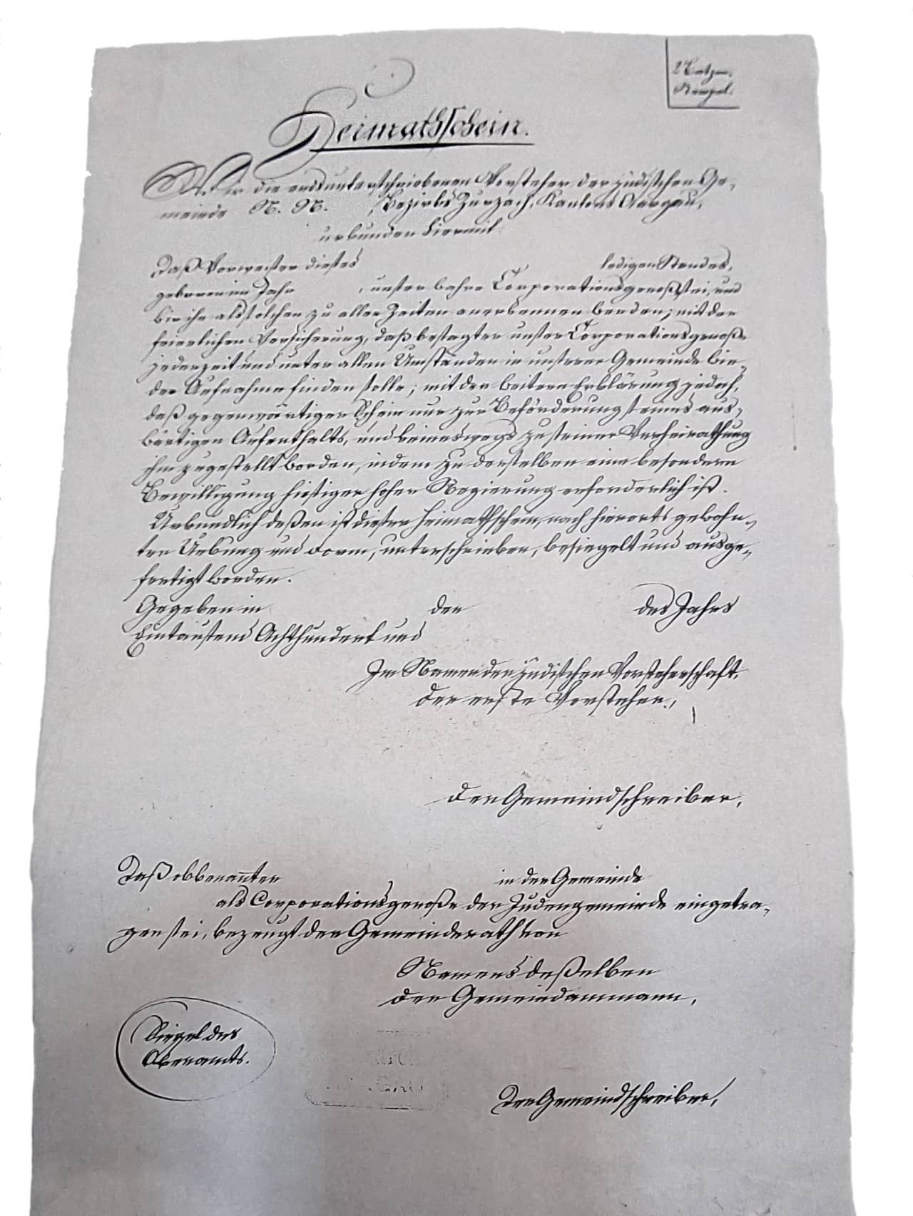 Handgeschriebener Heimatschein für die Juden in Endingen und Lengnau zwischen 1824–1878.