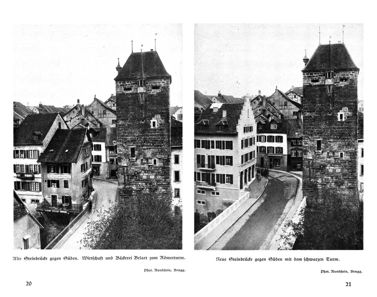 Die zwei schwarz-weiss Fotos stammen aus den Brugger Neujahrsblättern und zeigen beide beinahe das Gleiche: die Brücke, Eingang Altstadt. Allerdings zeigt das linke Bild den Stand vor dem Umbau und das rechte die "neue" Brücke. Das Wirtshaus zur Rechten fehlt.