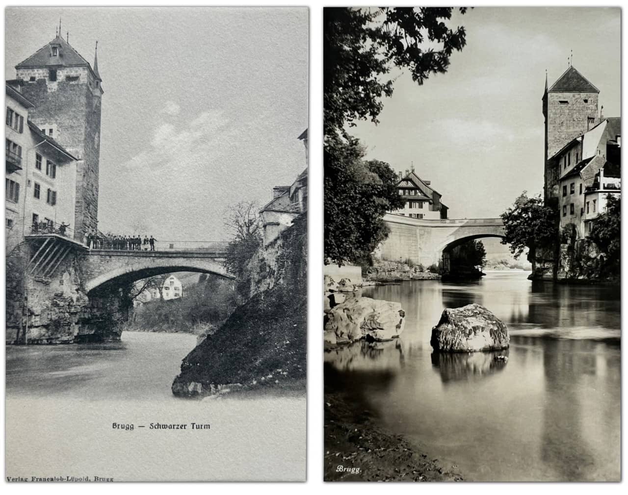 Zwei alte Postkarten in schwarz-weiss liegen nebeneinander. Sie zeigen aus unterschiedlichen Perspektiven die Aarebrücke in Brugg und den schwarzen Turm. Links stehen Personen auf der Brücke und winken.