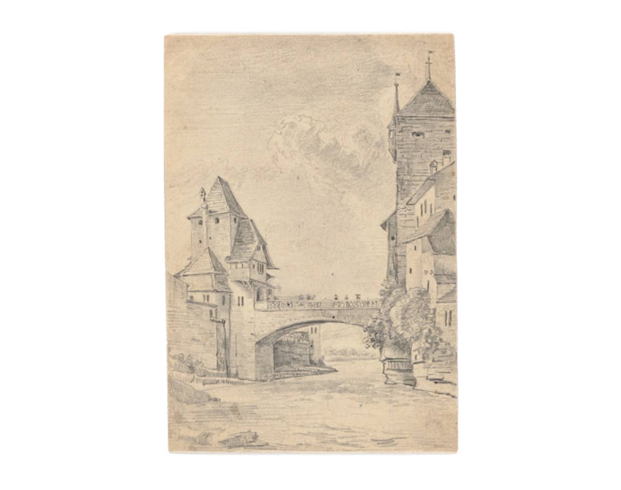 Die alte, leicht vergilbte Postkarte zeigt eine Bleistiftszeichnung der Aarebrücke in Brugg. Auf der rechten Seite ragt der schwarze Turm in die Höhe.