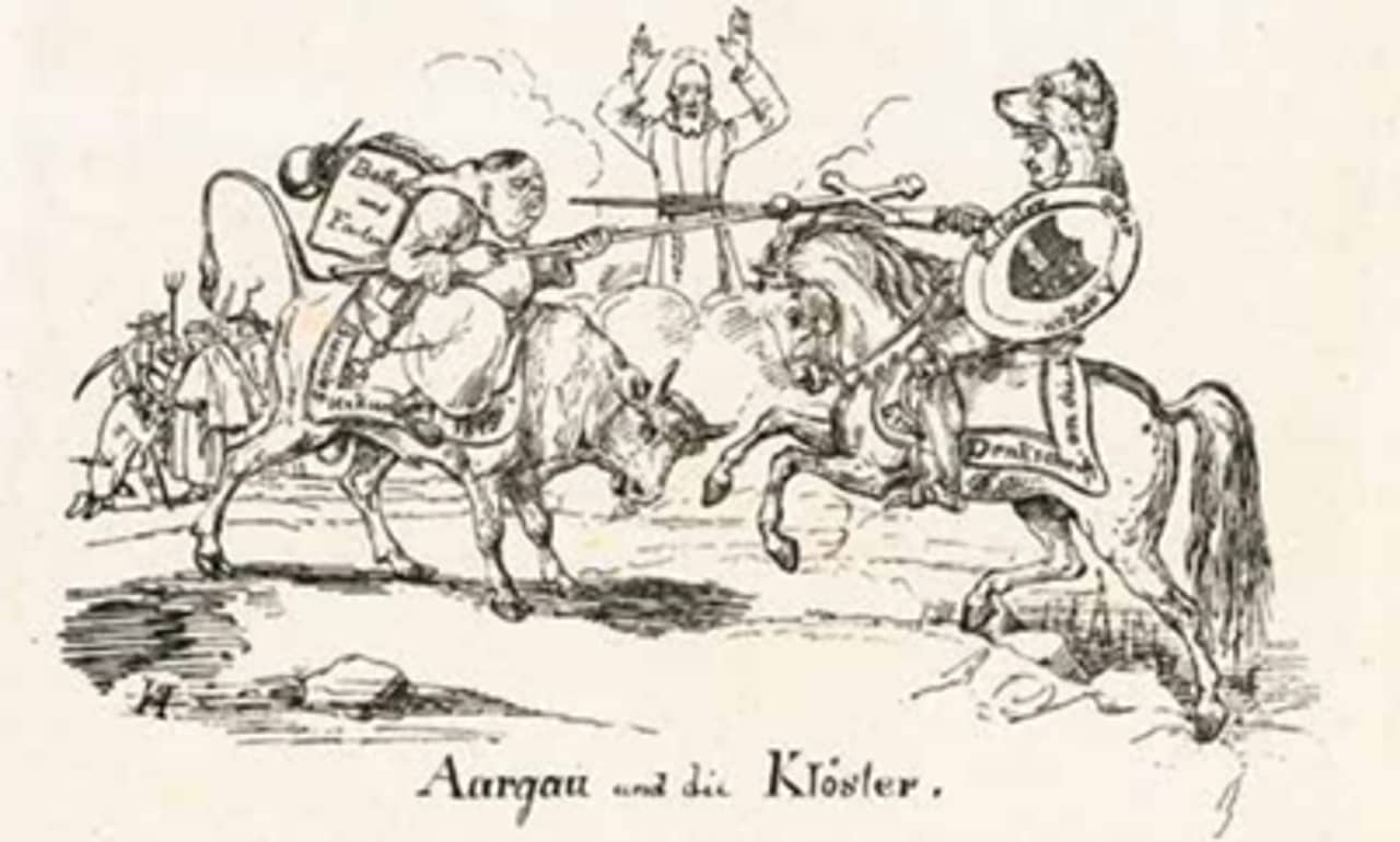 Hoch zu Ross verteidigt auf dieser Karikatur von 1841 der liberal-radikal regierte Kanton Aargau mit Unterstützung Berns die Aufhebung der Klöster. Auf der Gegenseite kämpft der mit einem Kreuz bewehrte Mönch auf dem Stier als Stellvertreter der Konservativen für die Wiederherstellung der Klöster.