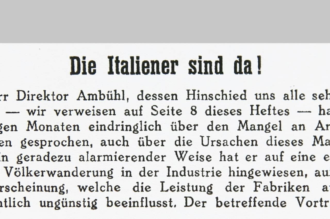 Ein Ausschnitt aus der Hauszeitschrift der ehemaligen BBC (heute ABB) mit dem Titel "Die Italiener sind da!".