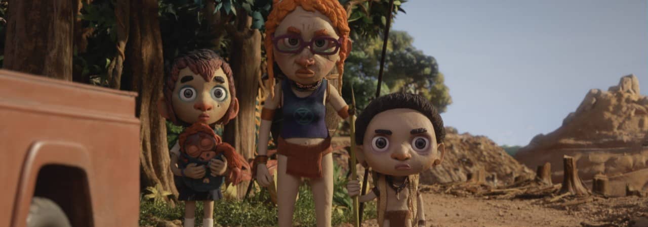 Ausschnitt aus einem Animationsfilm. Drei Figuren schauen wütend. Im Hintergrund ein abgerodeter Urwald.