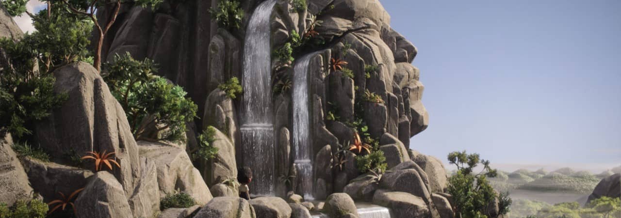 Ausschnitt aus einem Animationsfilm. Berg mit einem Wasserfall.