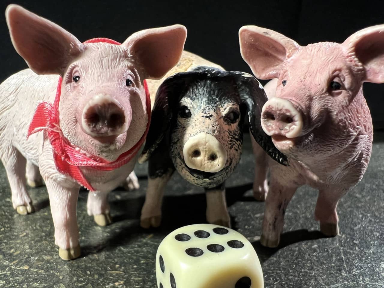 drei Schweinefiguren stehen vor einem Würfel