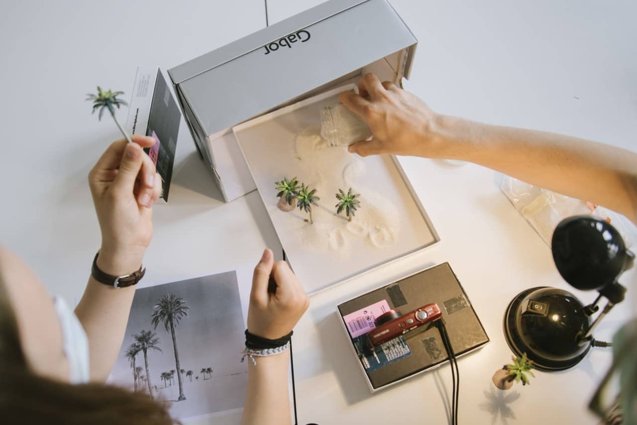 Miniaturpalmen werden in einer Box mit Sand fotografiert.