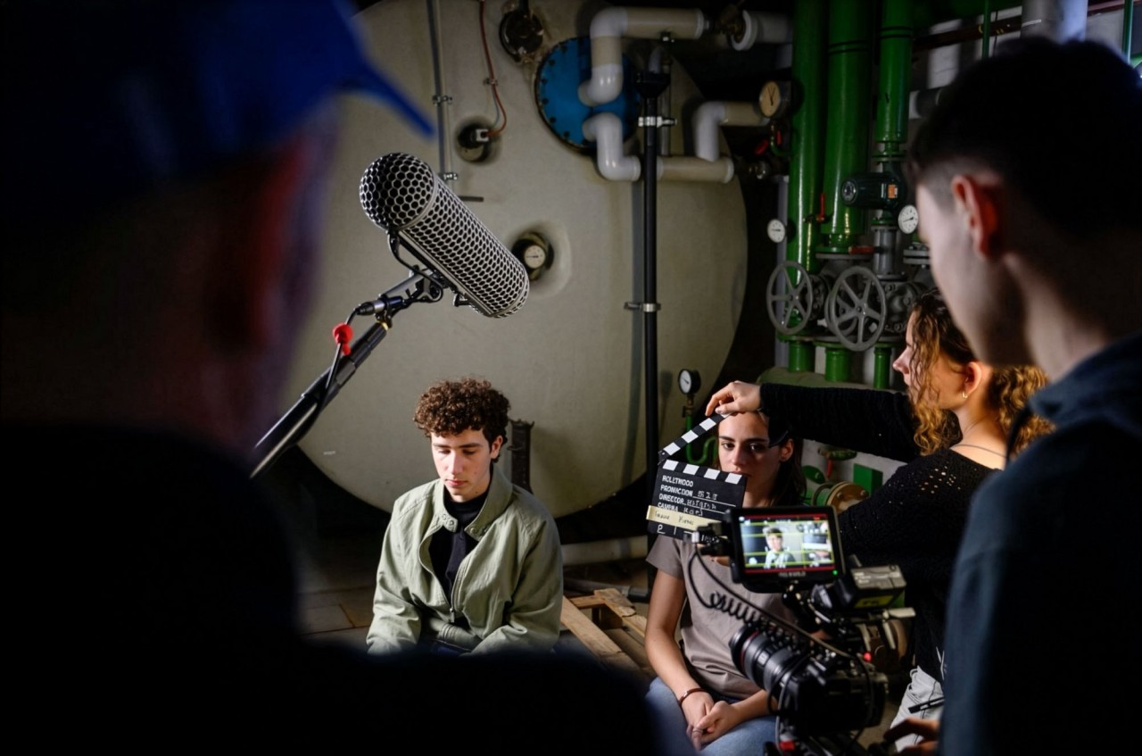 Dreh einer Filmszene in einem technischen Raum mit Rohren und Tanks, fünf Personen sichtbar, darunter Kamerateam mit Aufnahmegerät und Mikrofon, zwei Darstellende sitzen im Fokus.