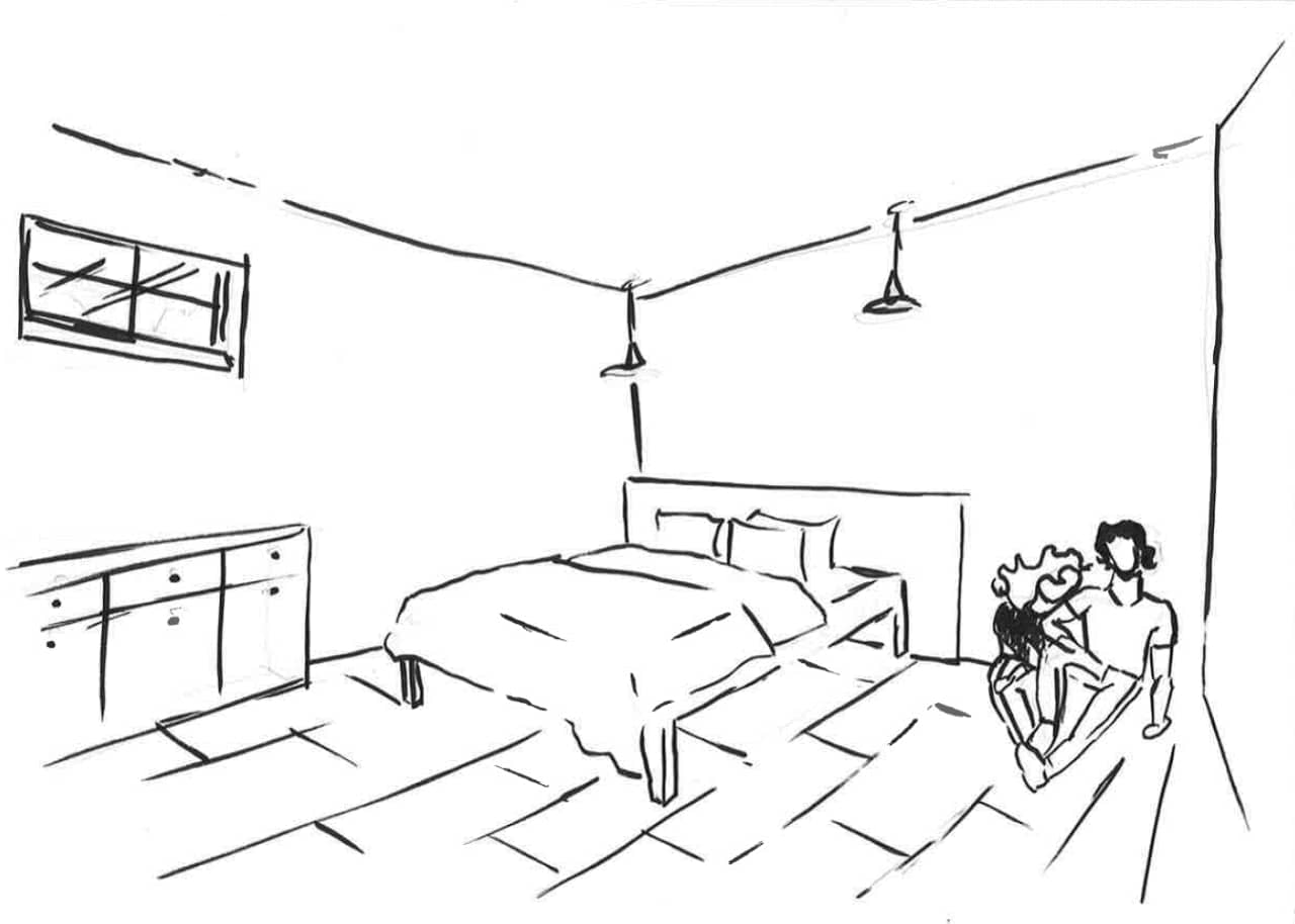Skizze eines Pärchens, das aneinandergeschmiegt in einem Schlafzimmer neben dem Bett sitzt.