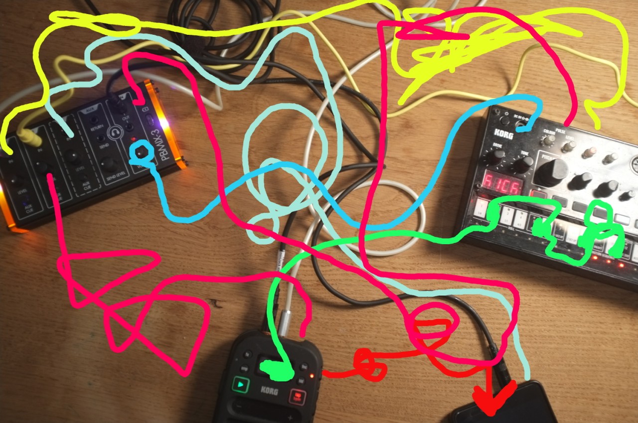 Elektronische Geräte, die mit bunten Kabeln verbunden sind.