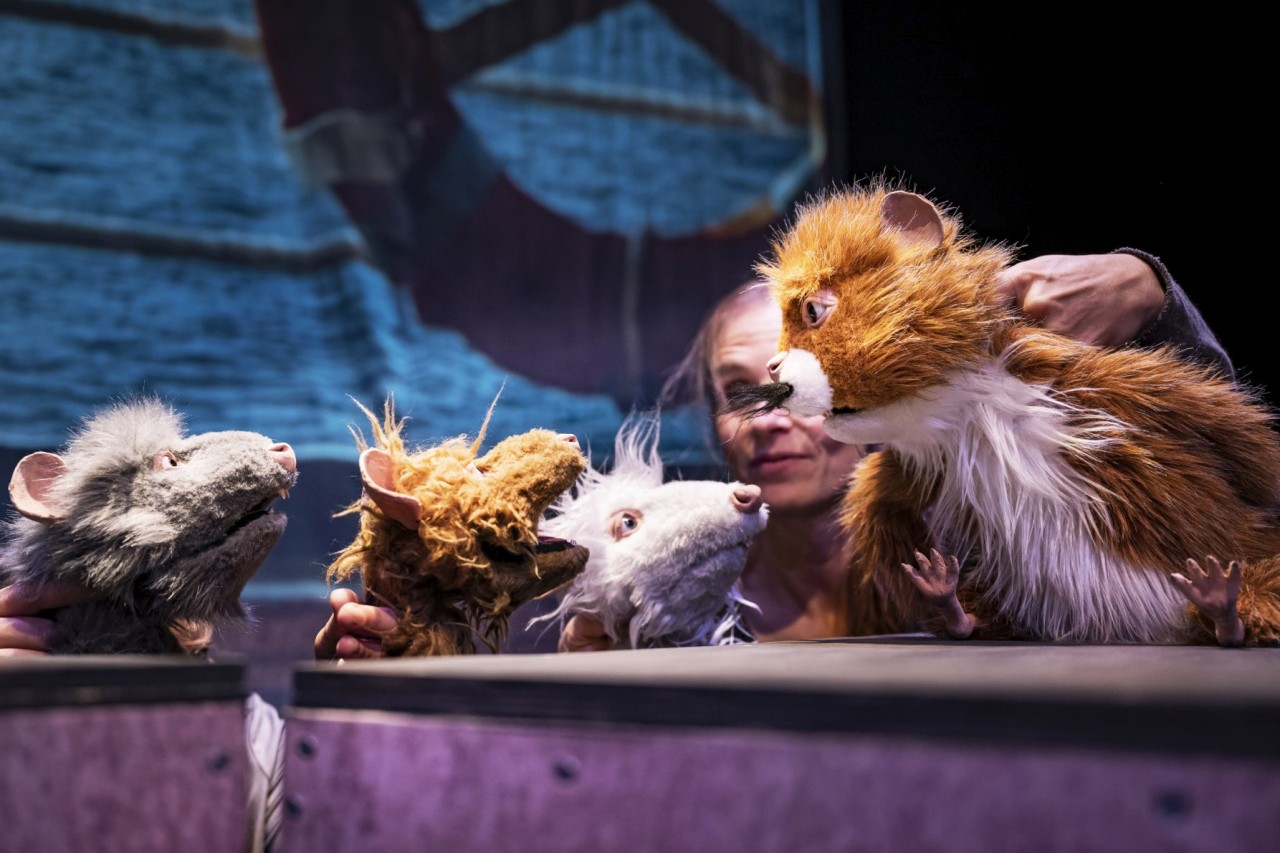 Mehrere Rattenfiguren als Handpuppen auf einer Theaterbühne, von Puppenspielenden geführt, in einer Szene mit grosser brauner Ratte und kleineren Figuren.