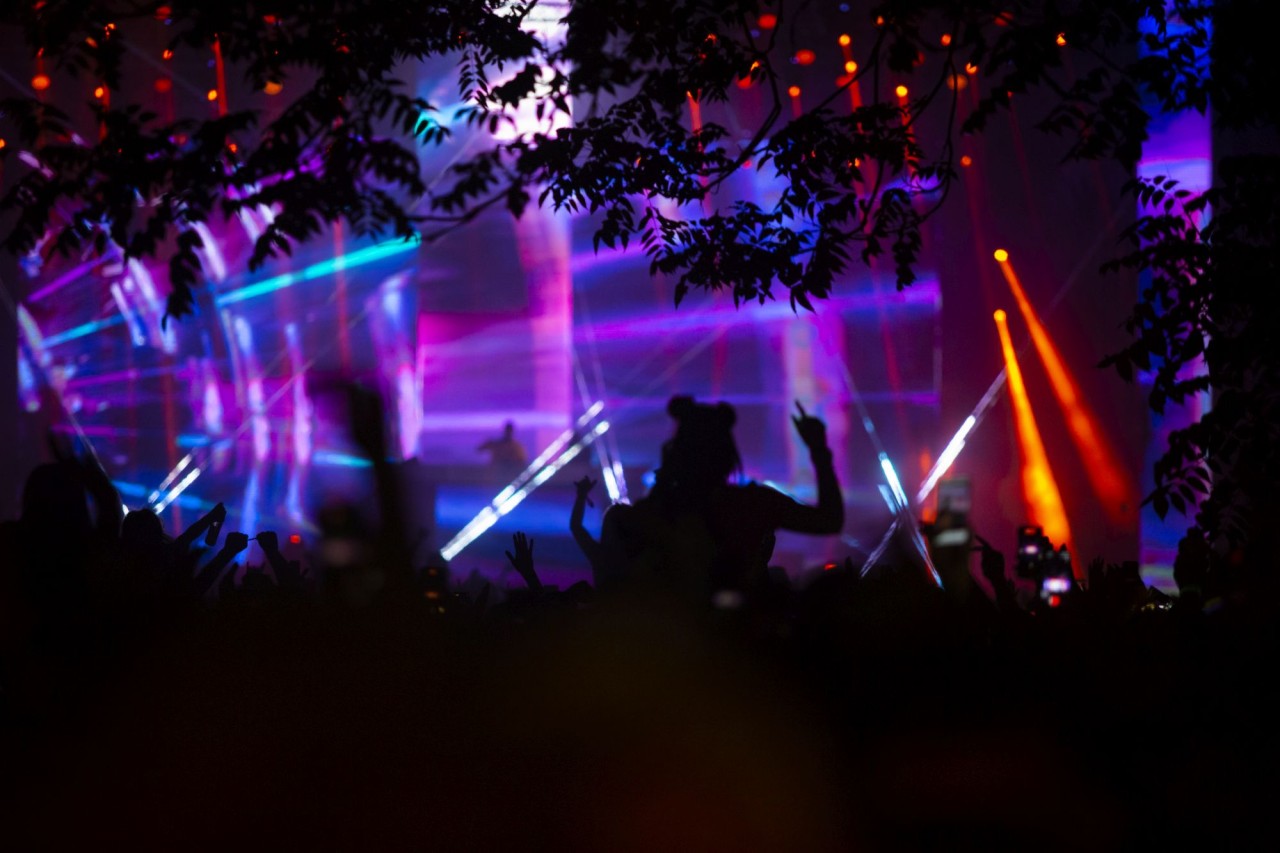 Menschenmenge bei einem Konzert oder Festival vor einer bunt beleuchteten Bühne, mit Laserlichtern in Pink, Blau und Orange und dunklen Baumästen im Vordergrund.