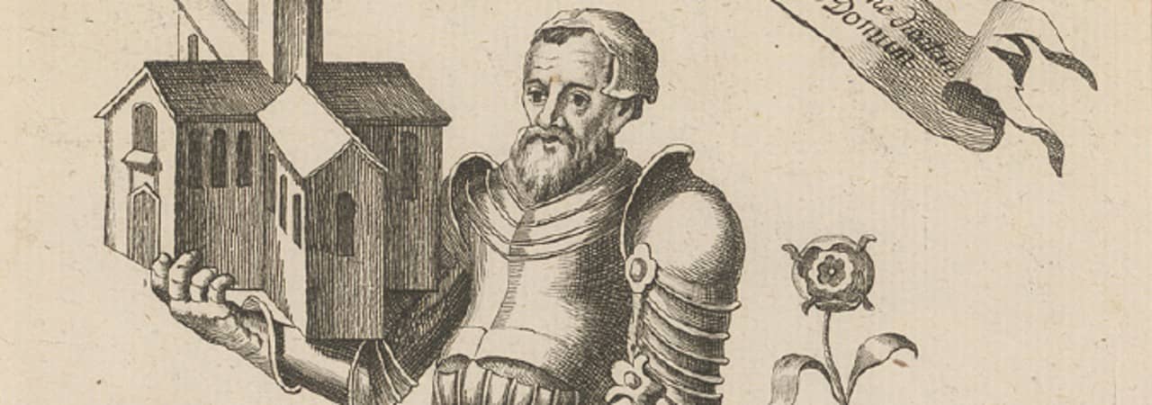 Historische Zeichnung: Graf Heinrich von Rapperswil hält das Kloster Wettingen auf seinem Arm.