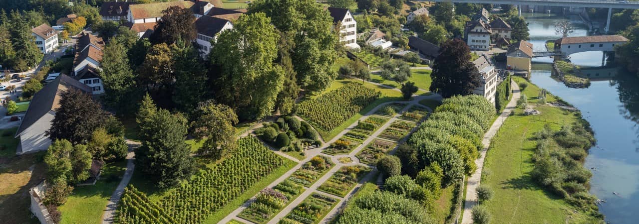 Luftaufnahme des Konventgartens auf der Klosterhalbinsel Wettingen.