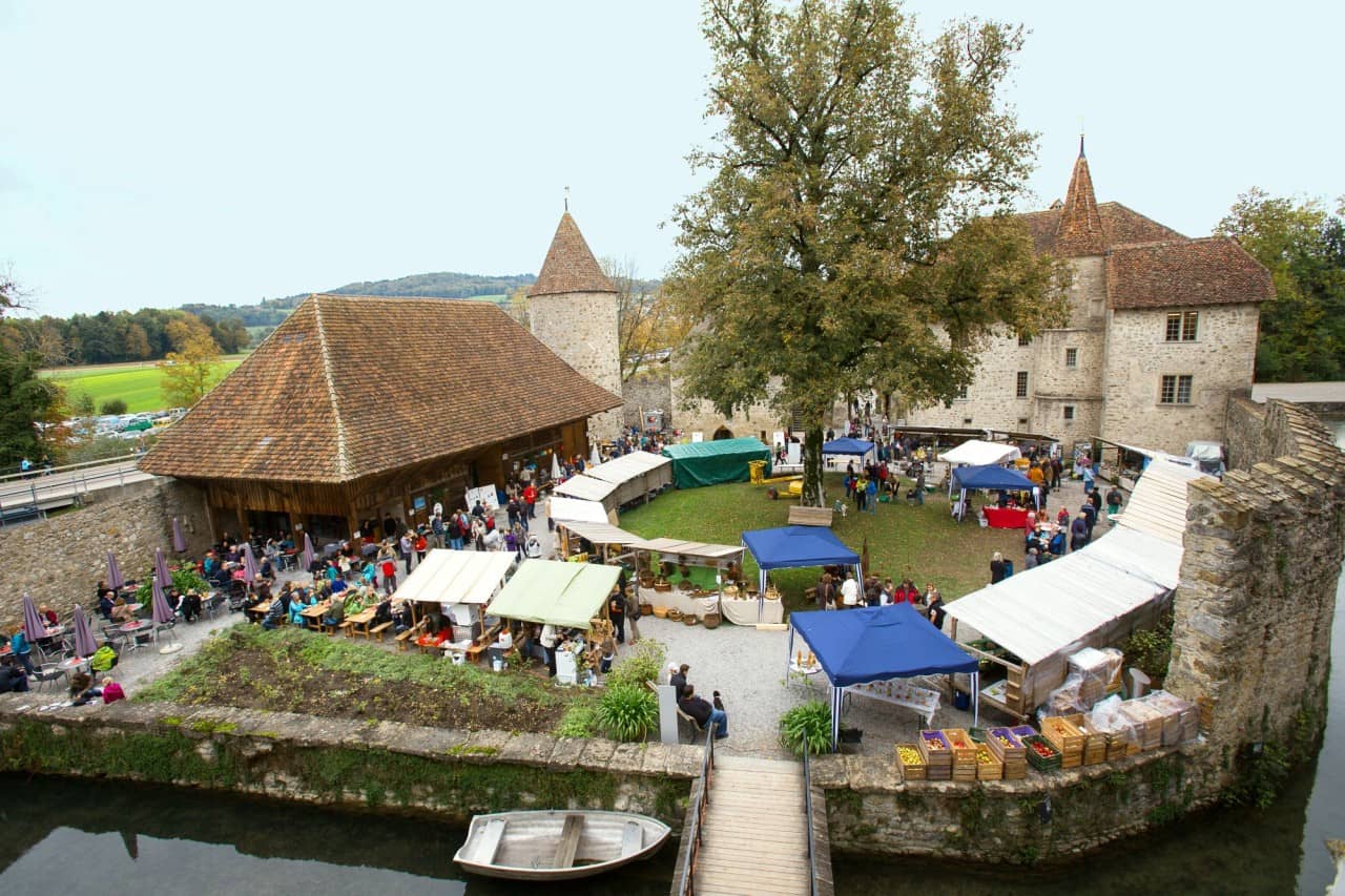 Luftaufnahme auf den Hof von Schloss Hallwyl mit Marktständen.