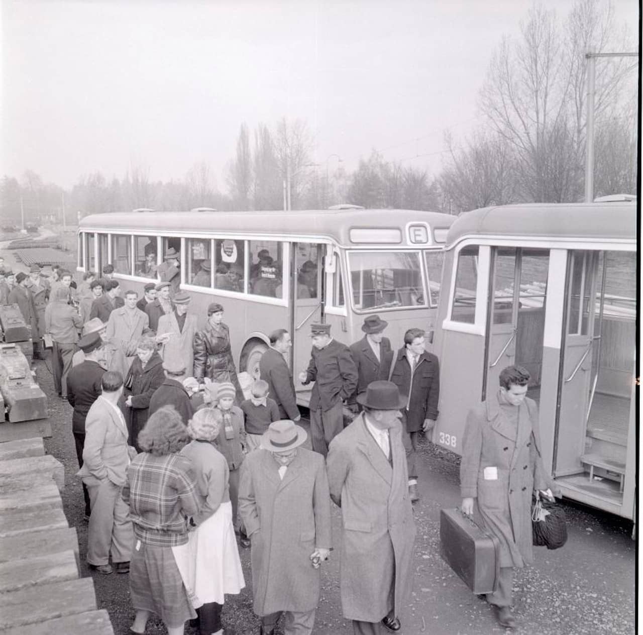 Ungarische Flüchtlinge stehen neben zwei Bussen in Zürich 1956