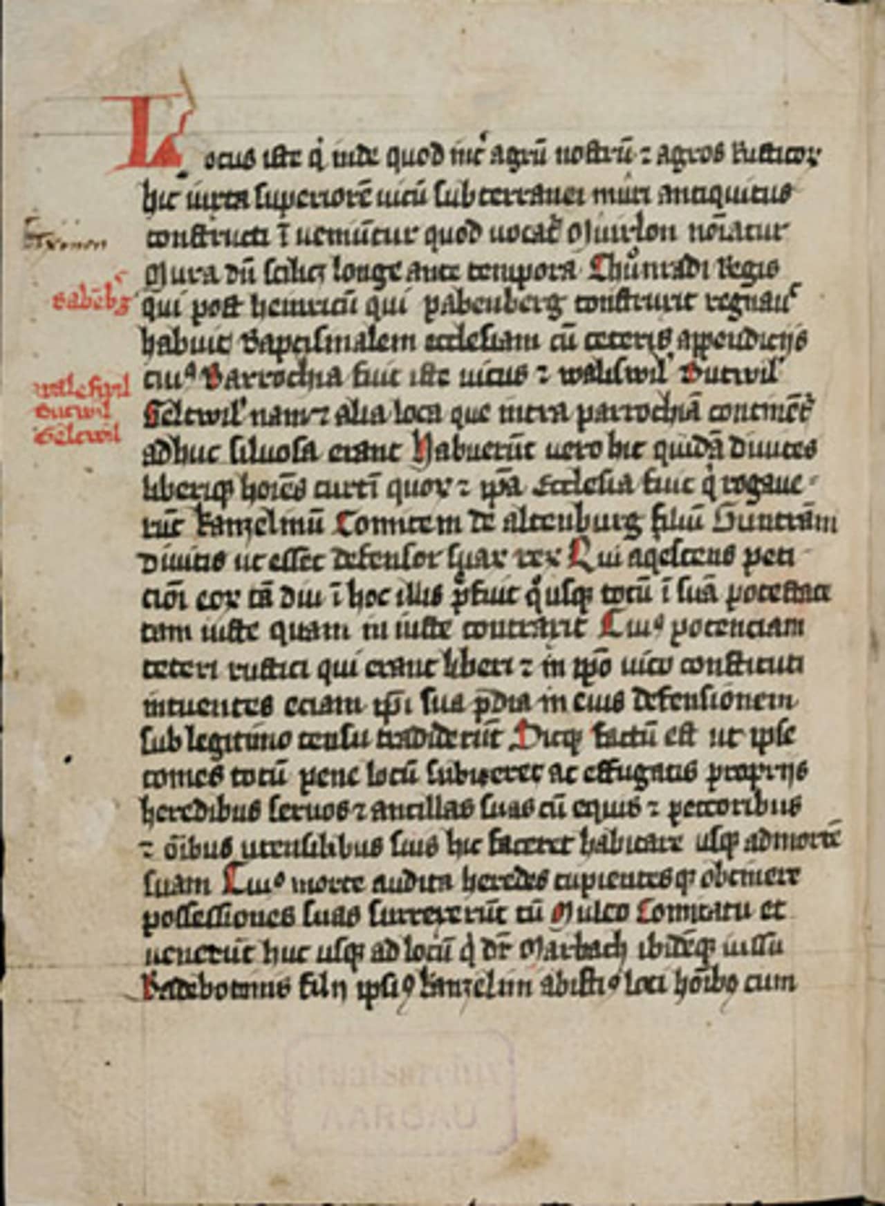 Eine Seite der original Abschrift der Acta Murensia auf Pergament.