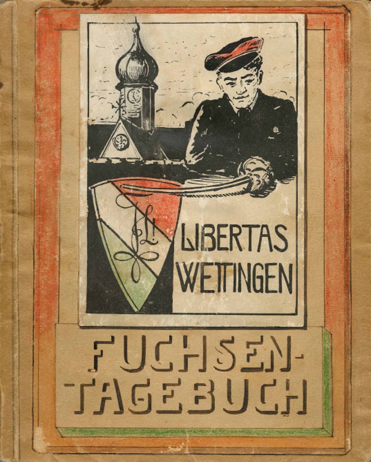Kolorierte Zeichnung eines Titelblattes einer Zeitschrift einer Schülerverbindung. Unten ist der Titel "Fuchsentagebuch" sowie die Bezeichnung "Libertas Wettingen" in Grossbuchstaben geschrieben. Oben ist ein Wappen sowie ein junger Mann mit Perret und Turm der Klosterkirche mit Uhr zusehen.
