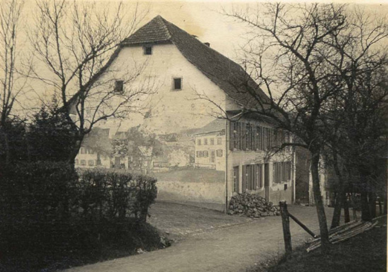Schwarz-weiss Foto eines Schulgebäudes von aussen. Auf der Wandfassade sind Malereien zu sehen. Im Vordergrund ist eine Strasse mit linkerhand einer Hecke und rechterhand einem Zaun mit Bäumen.