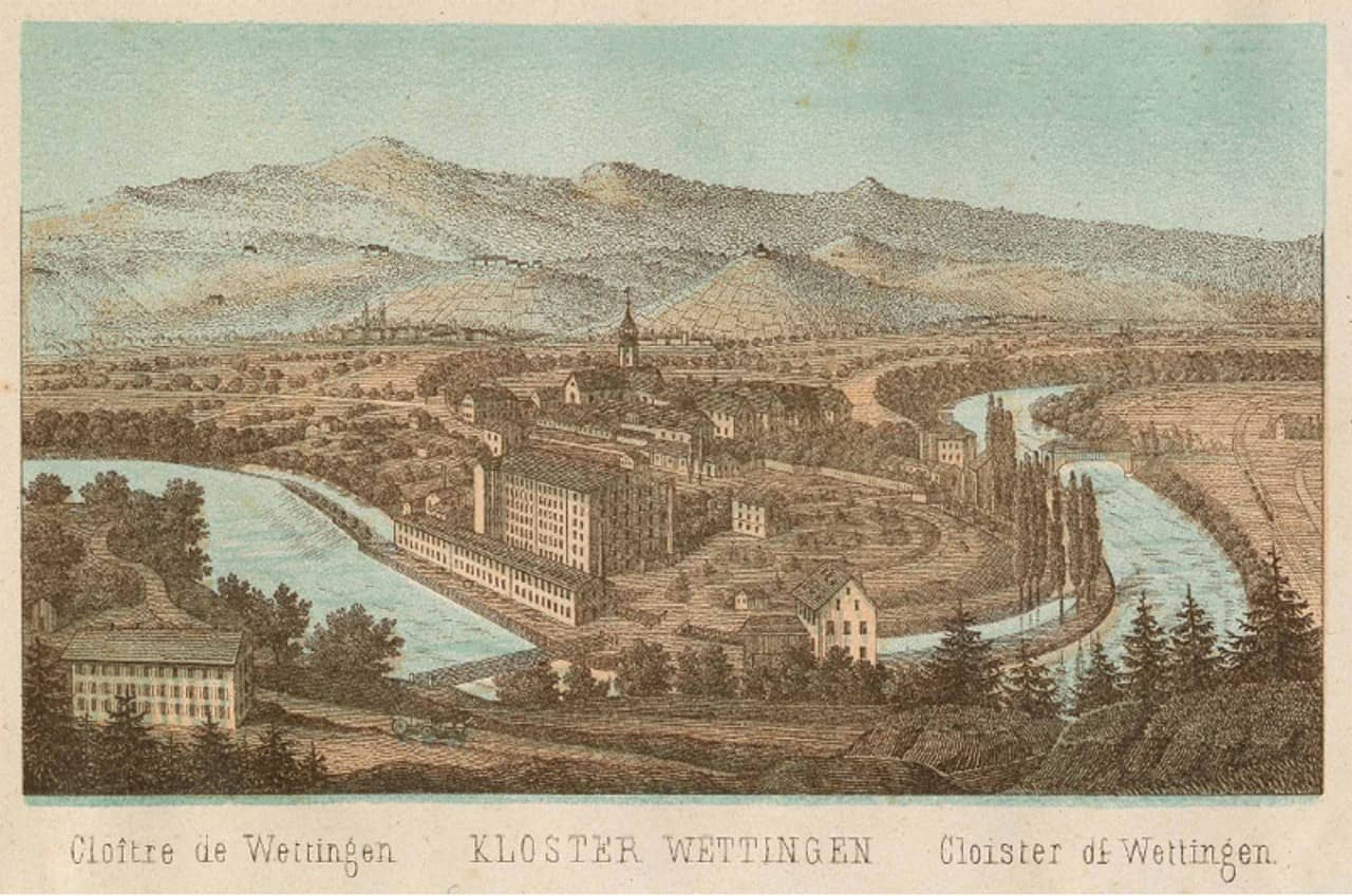 Kolorierte Zeichnung auf Papier des Klosters und Lehrerseminars Wettingen in Fluss- und Hügellandschaft eingebettet.