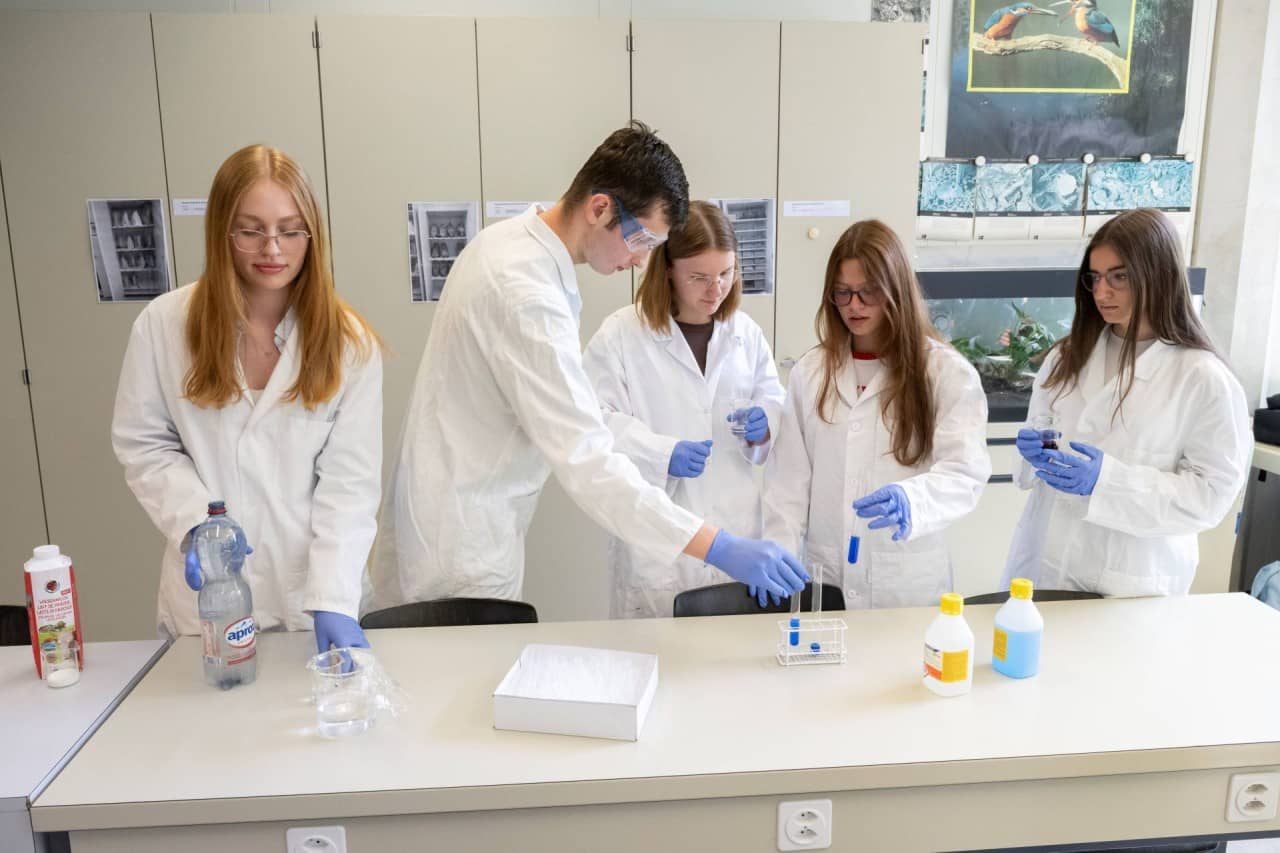 Vier Schülerinen und ein Schüler in weissen Kitteln und blauen Handschuhen füllen blaue Flüssigkeit in Reagenzgläser.