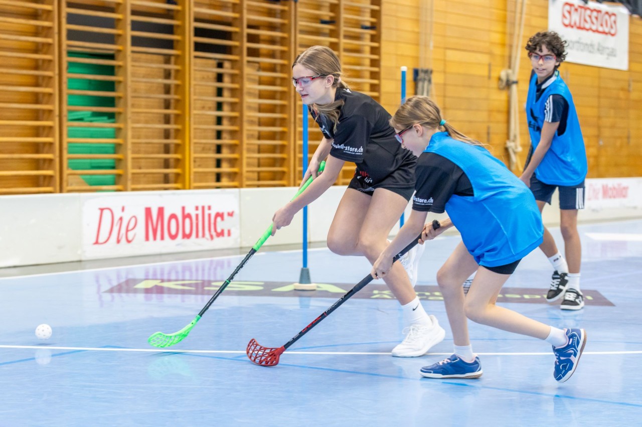 Mehrere Mädchen spielen in der Halle Unihockey.