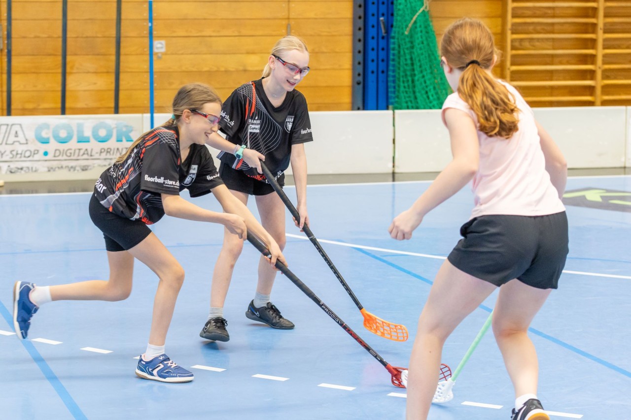 Mehrere Mädchen spielen in der Halle Unihockey.