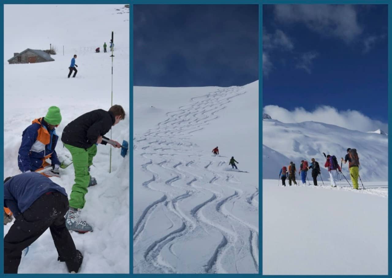 Jugendliche graben im Schnee, fahren auf der Piste und sind auf einer Skitour.