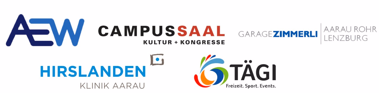 Logos der Sponsoren: AEW, Campussaal, Garage Zimmerli AG, Hirslanden Klinik Aarau, Tägi Wettingen.