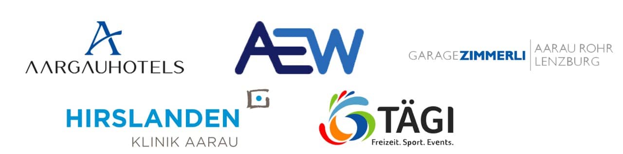 Logos der Sponsoren: AEW, Hirslanden Klinik Aarau, Tägi Wettingen, Aargauerhotels.ch