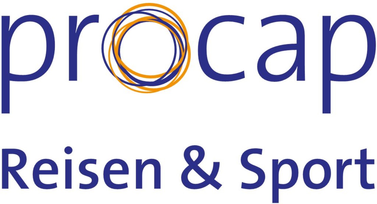 Das Firmenlogo von Procap Reisen & Sport mit dem Schriftzug, einer grafischen Kreisverzierung und farblichen Akzenten in Blau und Orange.