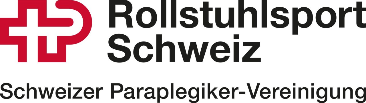 Logo Rollstuhlsport Schweiz von der Schweizer Paraplegiker-Vereinigung mit rotem Kreuz und schwarzem Schriftzug.