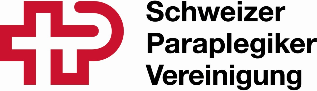 Logo der Schweizer Paraplegiker-Vereinigung mit rotem Kreuz und schwarzem Schriftzug.