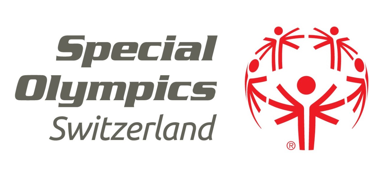Logo von Special Olympics Switzerland mit Schriftzug links in Grau und rotem Symbol von sechs stilisierten Figuren, die einen Kreis bilden, rechts.