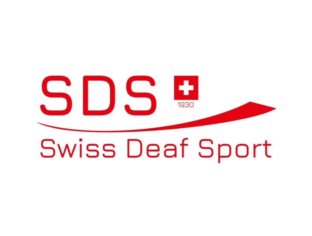 Logo des Swiss Deaf Sport mit rotem Schriftzug SDS, darunter Swiss Deaf Sport. Ein rotes Band und ein weisses Kreuz in rotem Quadrat mit Jahreszahl 1930 ergänzen das Design.