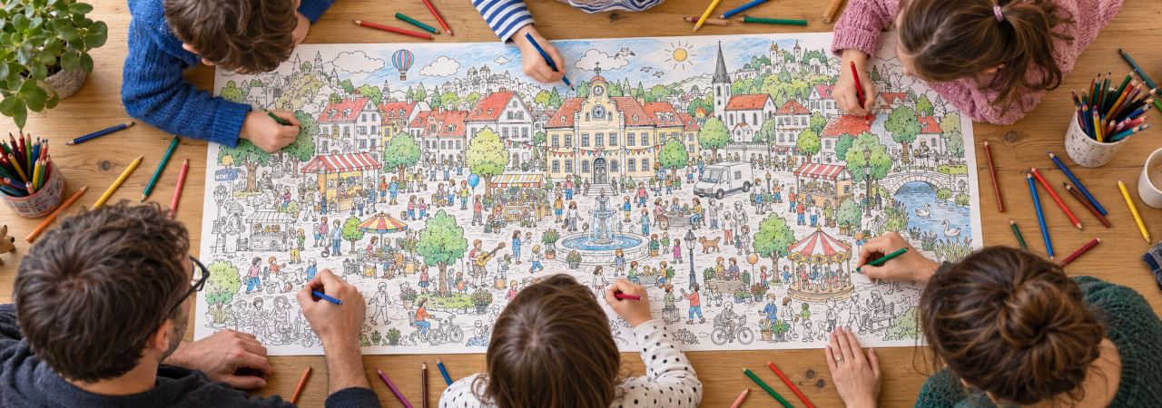 Sechs Personen sitzen an einem Tisch und malen gemeinsam ein großes Stadtmotiv aus. Verschiedene farbige Stifte liegen auf dem Tisch. Eine Pflanze steht links im Bild.