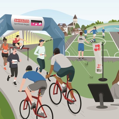 Illustration von verschiedenen Sportarten im Freien.