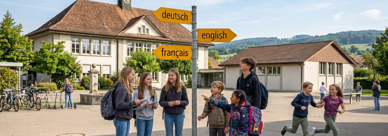 Kinder und Jugendliche stehen auf einem Schulhof neben einem Wegweiser mit den Beschriftungen deutsch, english und français. Im Hintergrund sind ein Schulgebäude und Fahrräder sichtbar.