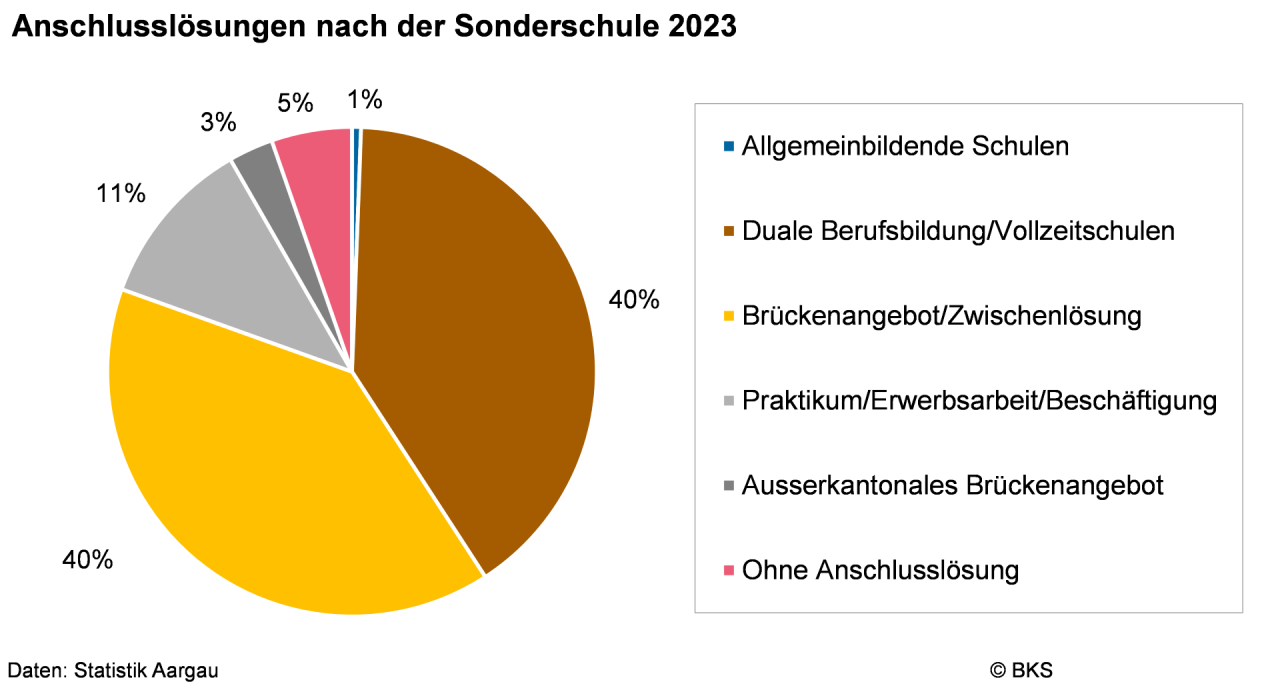 Kuchendiagramm mit Prozentangaben, welche Anschlusslösungen Schülerinnen und Schüler aus der Sonderschule 2023 gewählt haben.