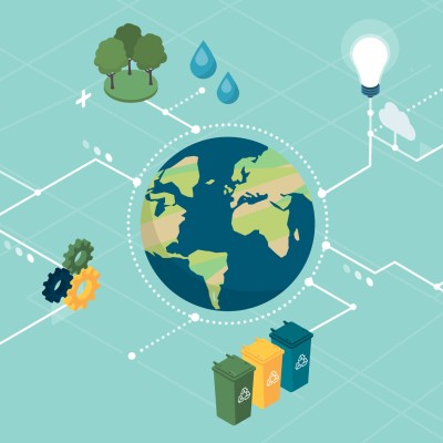 Eine Illustration mit einerm Globus in der Mitte. Rundherum und miteinander verbunden sind diverse Klima-Symbole wie zum Beispiel Wind- und Solarkraft, Recycling, eFahrzeuge, begründung und Menschen.