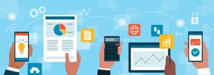 Grafik, verschiedene Hände heben Tablets, Mobiltelefone und Dokumente in die Höhe. Darstellung verschiedener Instrumente