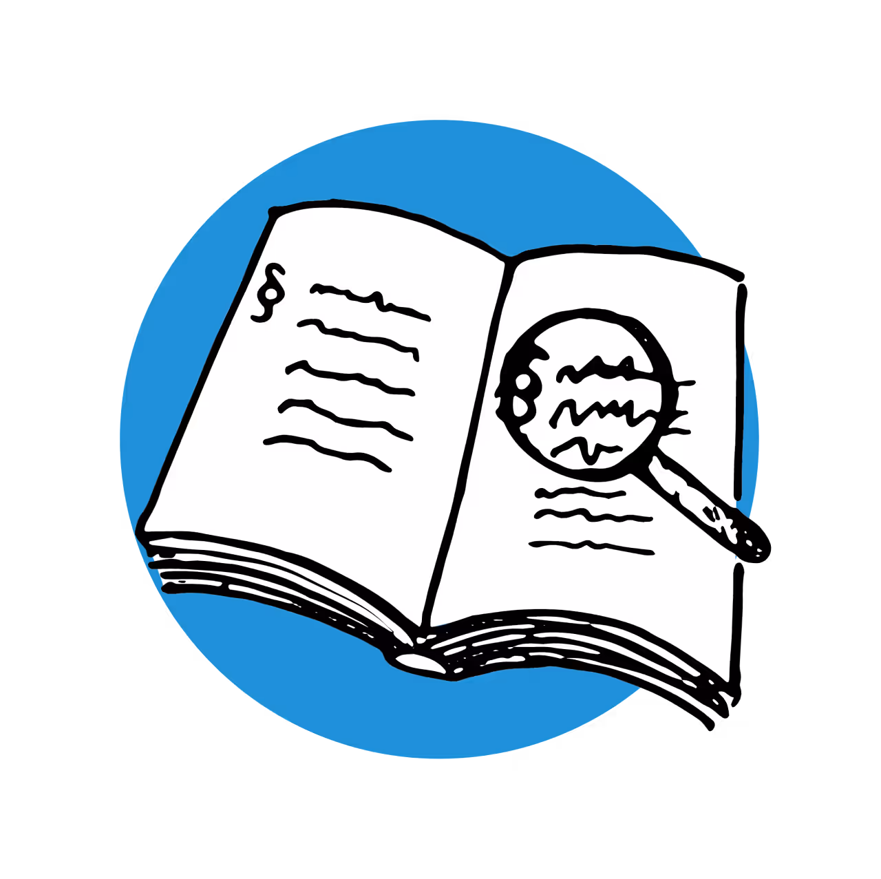 Grafik Rechtsgrundlagen: Buch mit Lupe und Paragraphen.