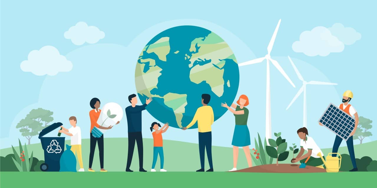Eine Illustration auf der mehrere Menschen einen Globus halten, pflanzen oder recyclen.