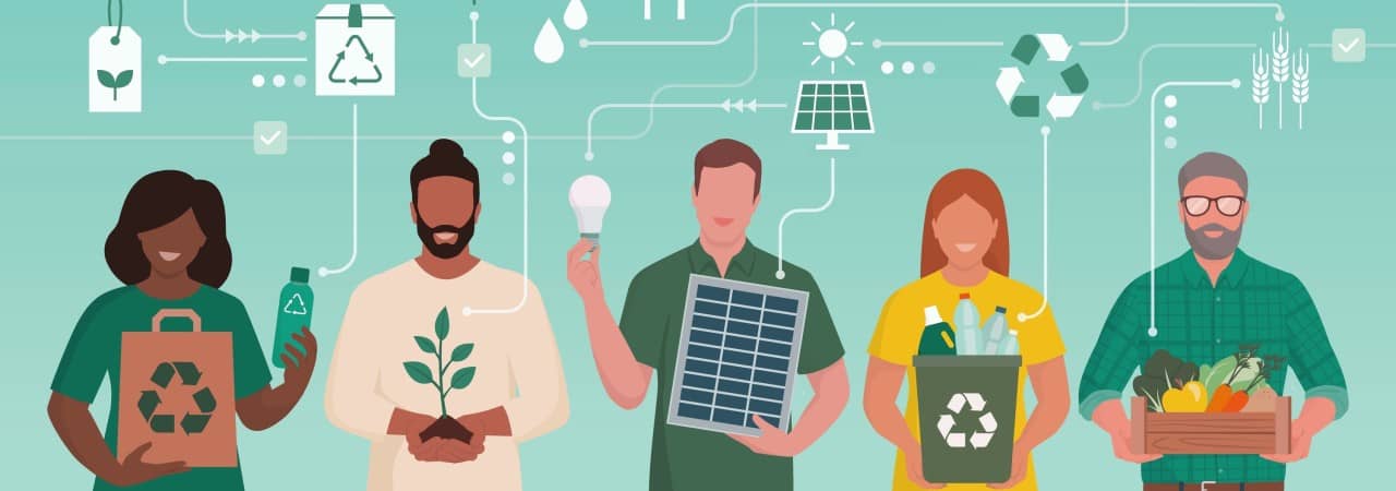 Privatpersonen mit Solarkollektoren, Pflanzen und Klima-Projekten