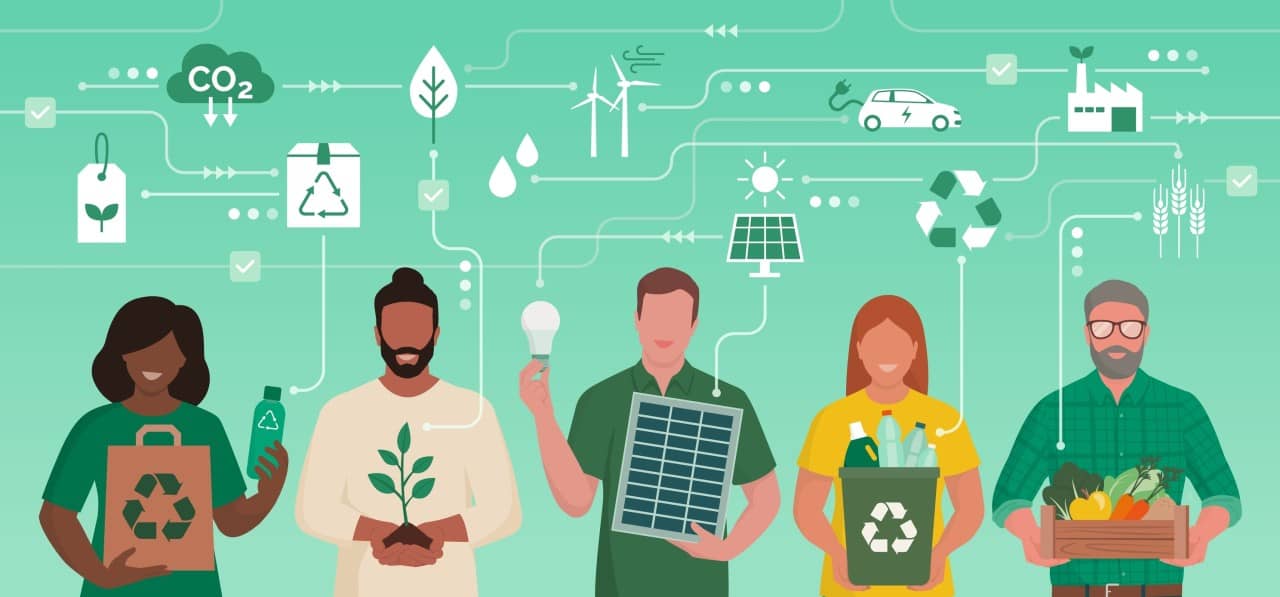 Eine Illustration von mehreren Menschen, die alle ein Symbol für Ihren Beitrag halten - zum Beispiel ein Solarpanel, Recycling-Box oder ein Pflanze.