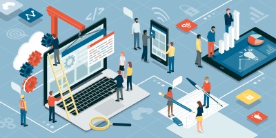 Zeichnung Menschen auf Leiter, an Computer, auf Tablett, erstellen Grafiken, drehen an Zahnrädern und so weiter.