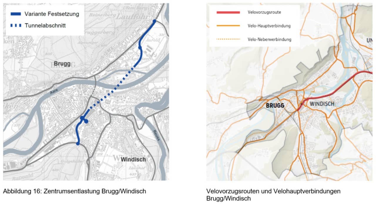 Alt: Zwei Kartenausschnitte von Brugg/Windisch: Auf dem einen ist der Tunnelabschnitt eingezeichnet auf dem anderen die Velovorzugsroute und Velohauptverbindung .